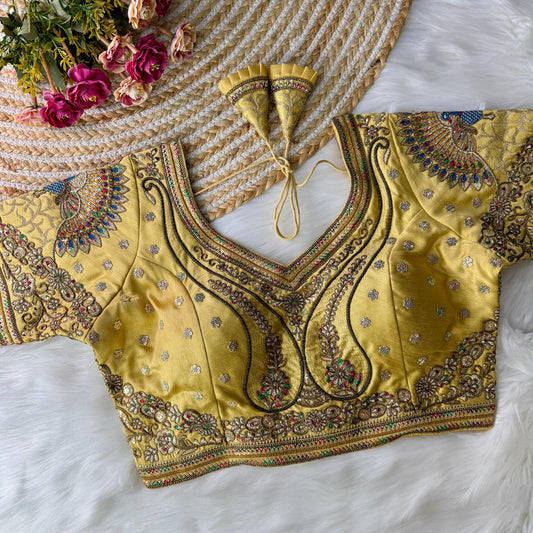 Gold Coloured Italian Silk with 3D Sequence & Unique Embroidery Work Woman Peacock Bridal Long Sleeves Designer Ready made Blouse - 40 Size Fits Up to 42 Inch!!