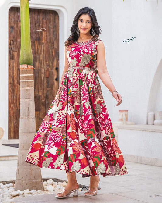 Rani Pink & Multi Coloured Heavy Rayon with Beautiful Solid Print Women Party/Casual wear Stunning Gown Kurti!!