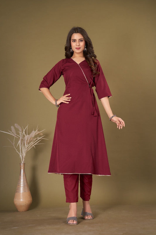 Maroon Coloured Ashika Crepe with Gota Lace V Neck 3/4 Sleevs Women Designer Party/Casual wear Gown Kurti!!