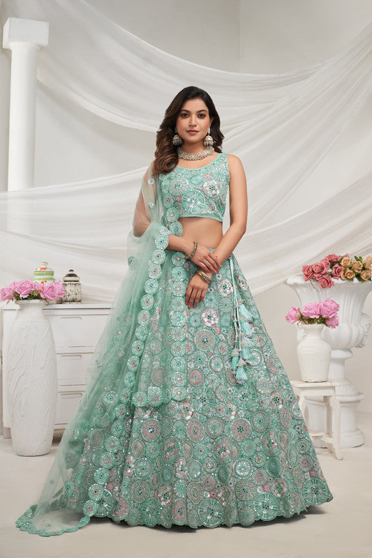 Sky Blue Coloured Floral Pattern Intricate Sequins, Thread, and Mirror Work Women Ethnic Party wear Lehenga Choli with Dupatta!!