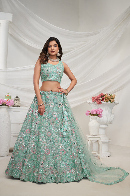 Sky Blue Coloured Floral Pattern Intricate Sequins, Thread, and Mirror Work Women Ethnic Party wear Lehenga Choli with Dupatta!!