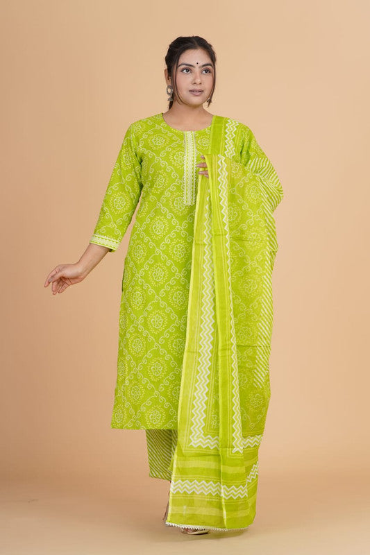 Parrot Green with White Coloured Pure Cotton with Beautiful Hand Print Woman Party/Casual wear Designer Stitched Suit with Salwar & Dupatta!!