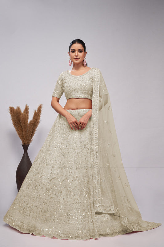 Ivory/White Coloured White Pearl with vertical floral embroidery in cutdana, sequins and bead work Women Ethnic Party wear Lehenga Choli with Dupatta!!