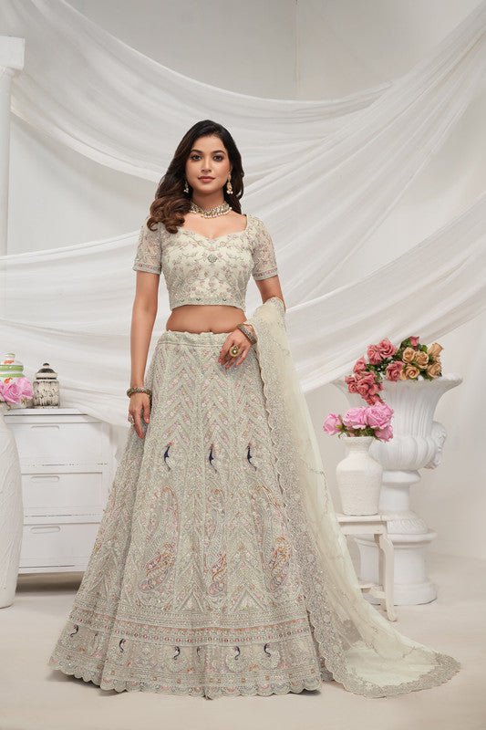 White/Ivory Coloured Exquisite Peacock & Bagh Embroidery with Sequin, stone work and sitara embellishments Women Ethnic Party wear Lehenga Choli with Dupatta!!