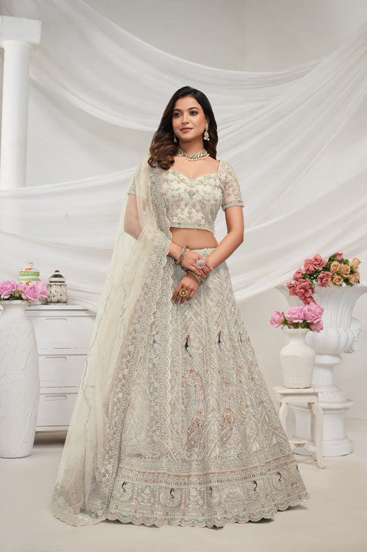 White/Ivory Coloured Exquisite Peacock & Bagh Embroidery with Sequin, stone work and sitara embellishments Women Ethnic Party wear Lehenga Choli with Dupatta!!