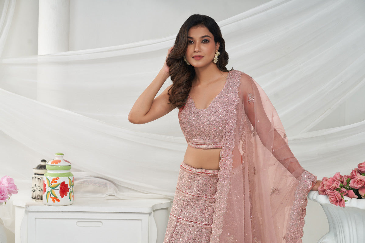 Light Pink Coloured Horizontal Sequin and thread work embellished with shimmering stones Work Women Ethnic Party wear Lehenga Choli with Dupatta!!