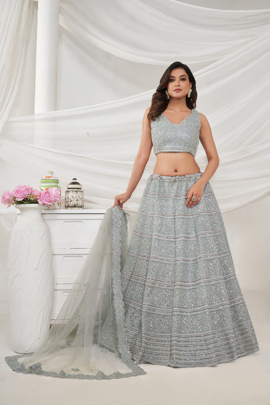 Ivory Coloured Horizontal Sequin and thread work embellished with shimmering stones Work Women Ethnic Party wear Lehenga Choli with Dupatta!!