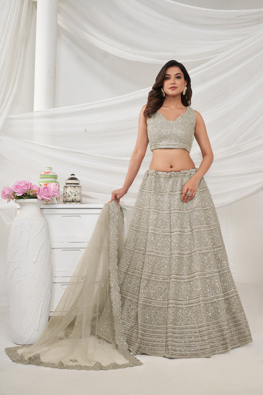 Grey Coloured Horizontal Sequin and thread work embellished with shimmering stones Work Women Ethnic Party wear Lehenga Choli with Dupatta!!