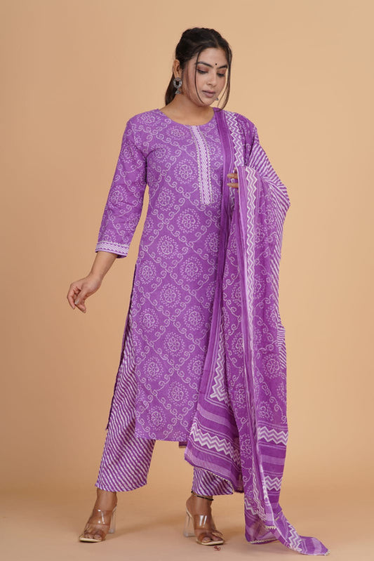 Purple with White Coloured Pure Cotton with Beautiful Hand Print Woman Party/Casual wear Designer Stitched Suit with Salwar & Dupatta!!