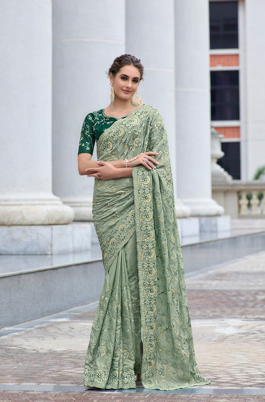 Pista Green Coloured Cording & Sequence Work Women Designer Party wear Georgette Saree with Silk Blend Blouse!!