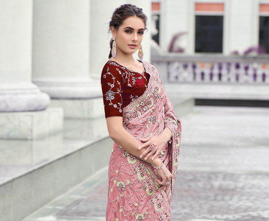 Pastel Pink & Maroon Coloured Cording & Sequence Work Women Designer Party wear Georgette Saree with Silk Blend Blouse!!