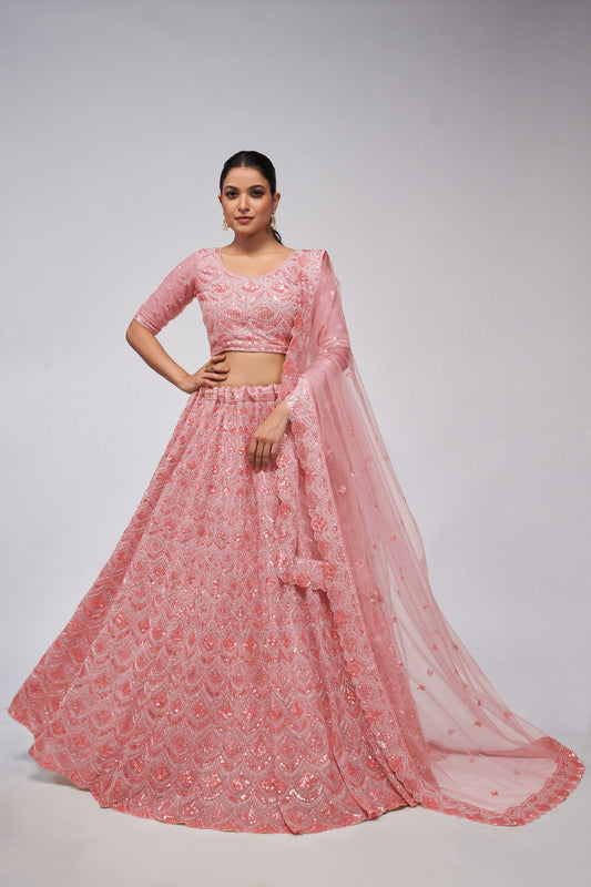 Pink Coloured with a Leaves Pattern Embellished with Golden Sequins, Stones & Cut Dana work Women Ethnic Party wear Lehenga Choli with Dupatta!!