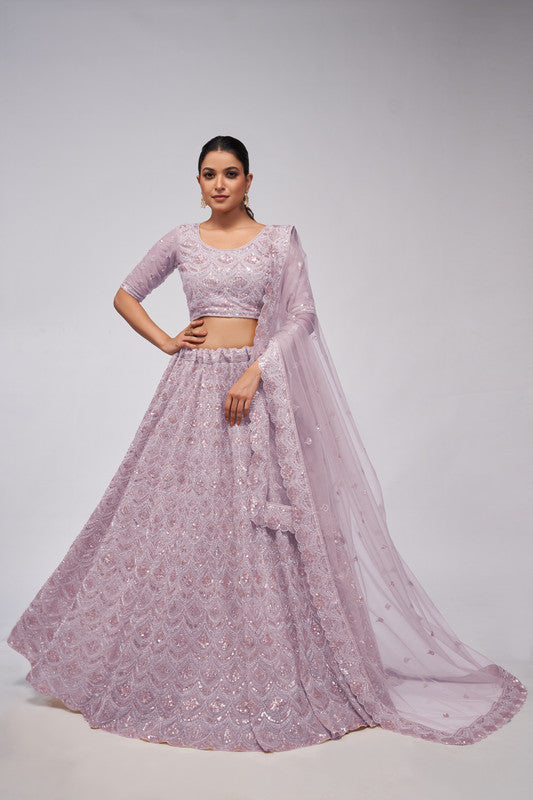 Mauve Coloured with a Leaves Pattern Embellished with Golden Sequins, Stones & Cut Dana work Women Ethnic Party wear Lehenga Choli with Dupatta!!