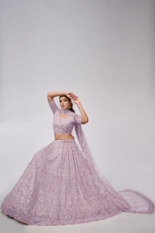 Mauve Coloured with a Leaves Pattern Embellished with Golden Sequins, Stones & Cut Dana work Women Ethnic Party wear Lehenga Choli with Dupatta!!