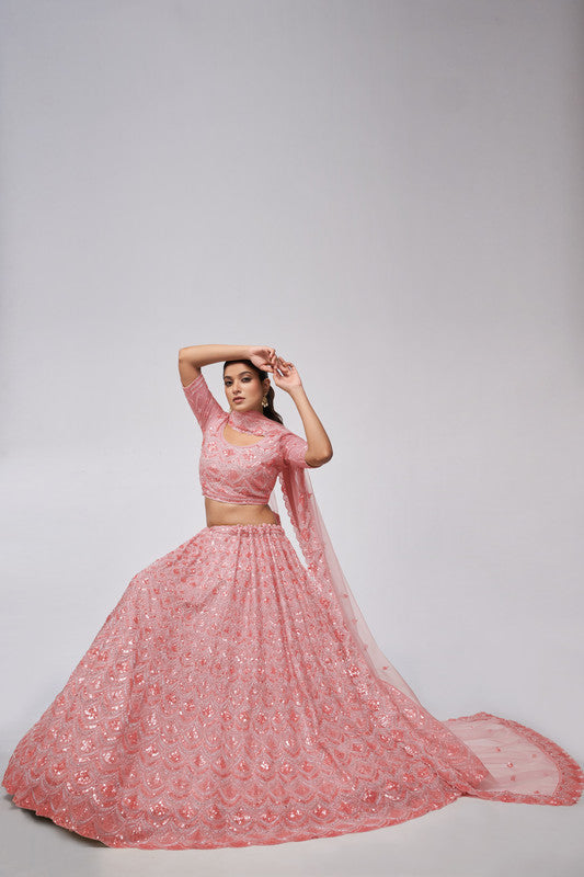 Pink Coloured with a Leaves Pattern Embellished with Golden Sequins, Stones & Cut Dana work Women Ethnic Party wear Lehenga Choli with Dupatta!!