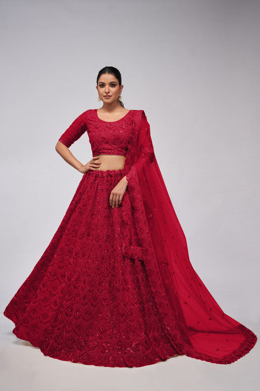 Maroon Coloured with a Leaves Pattern Embellished with Golden Sequins, Stones & Cut Dana work Women Ethnic Party wear Lehenga Choli with Dupatta!!