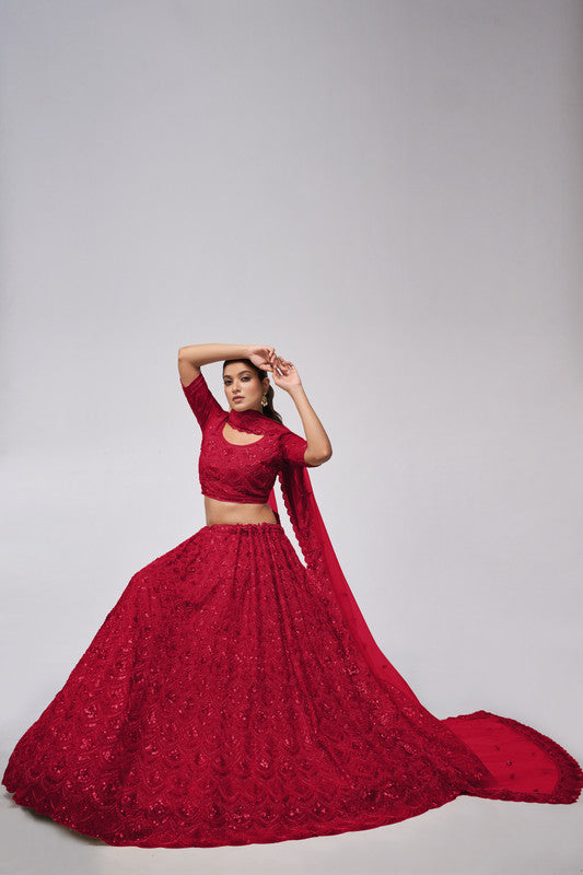 Maroon Coloured with a Leaves Pattern Embellished with Golden Sequins, Stones & Cut Dana work Women Ethnic Party wear Lehenga Choli with Dupatta!!