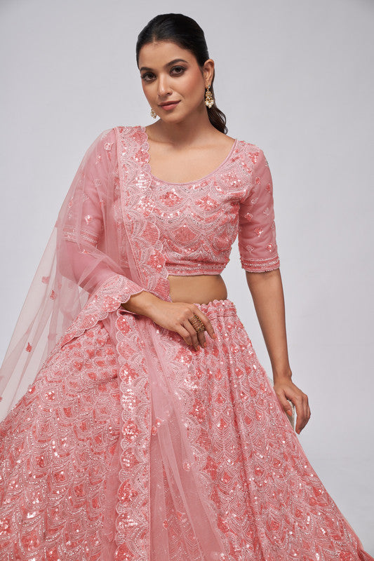 Pink Coloured with a Leaves Pattern Embellished with Golden Sequins, Stones & Cut Dana work Women Ethnic Party wear Lehenga Choli with Dupatta!!