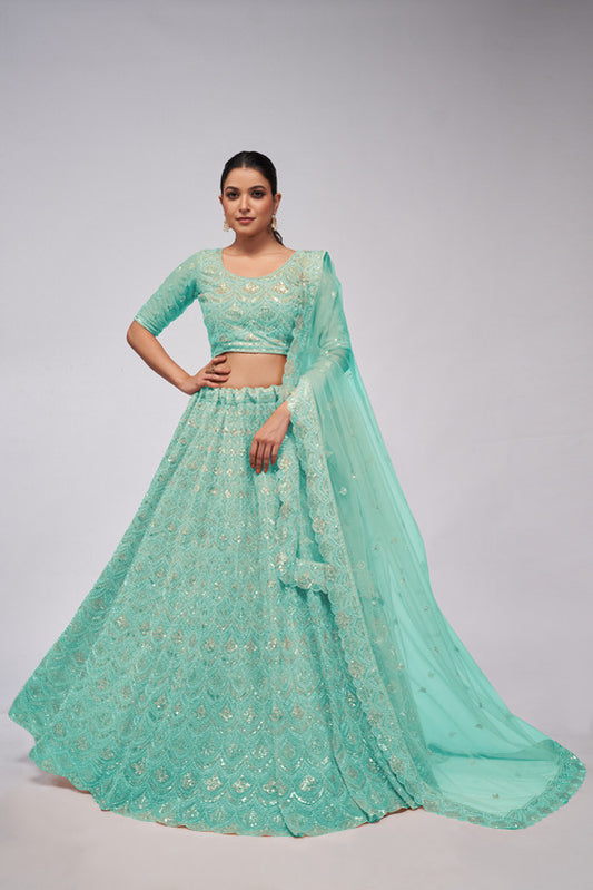 Sky Blue Coloured with a Leaves Pattern Embellished with Golden Sequins, Stones & Cut Dana work Women Ethnic Party wear Lehenga Choli with Dupatta!!