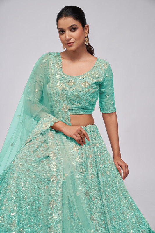 Sky Blue Coloured with a Leaves Pattern Embellished with Golden Sequins, Stones & Cut Dana work Women Ethnic Party wear Lehenga Choli with Dupatta!!