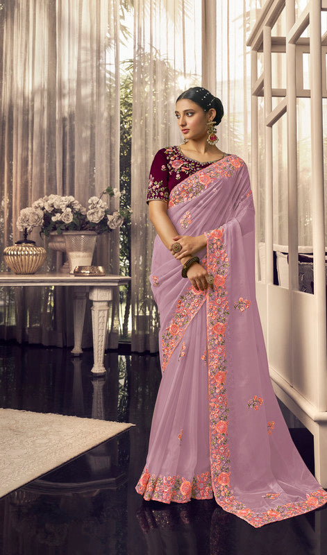 Purple Coloured with Embroidery, Zari & Sequence Work Women Designer Party wear Georgette Saree with Satin matching Blouse!!