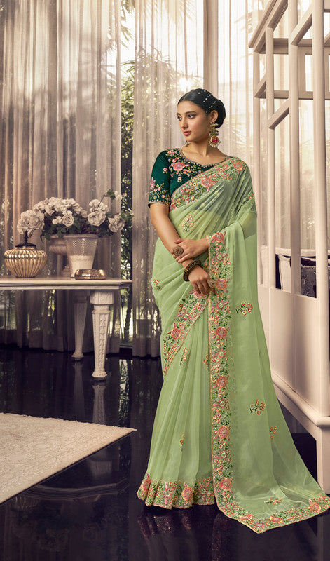 Lemon Green & Bottle Green Coloured with Embroidery, Zari & Sequence Work Women Designer Party wear Georgette Saree with Satin matching Blouse!!