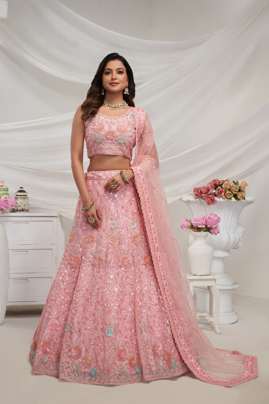 Rose Pink Coloured with Floral Embroidered Sequins, stones and Thread work Women Ethnic Party wear Lehenga Choli with Dupatta!!