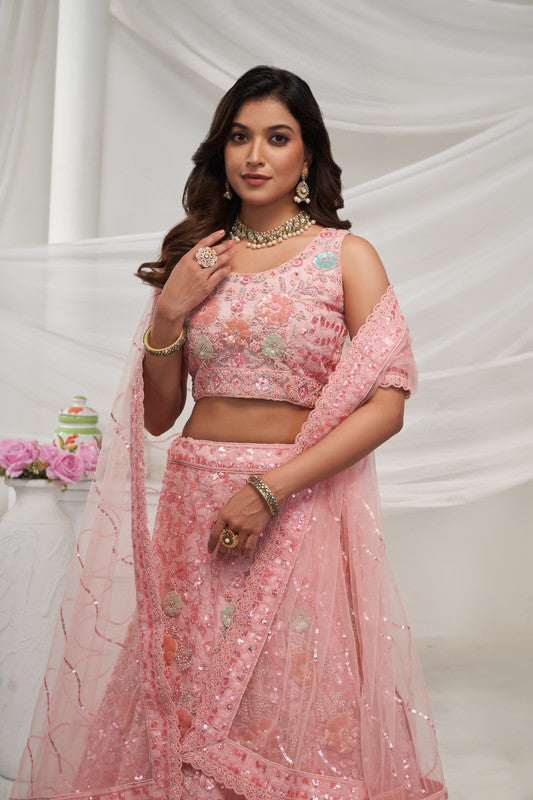 Rose Pink Coloured with Floral Embroidered Sequins, stones and Thread work Women Ethnic Party wear Lehenga Choli with Dupatta!!