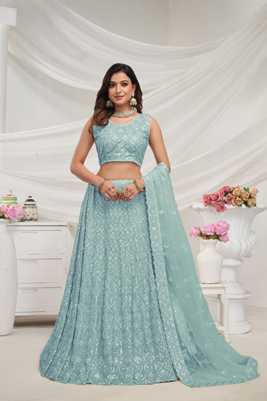 Sky Blue Coloured with Embroidered with Illuminating Sequin work Threaded into Diamond Patterns Women Ethnic Party wear Lehenga Choli with Dupatta!!