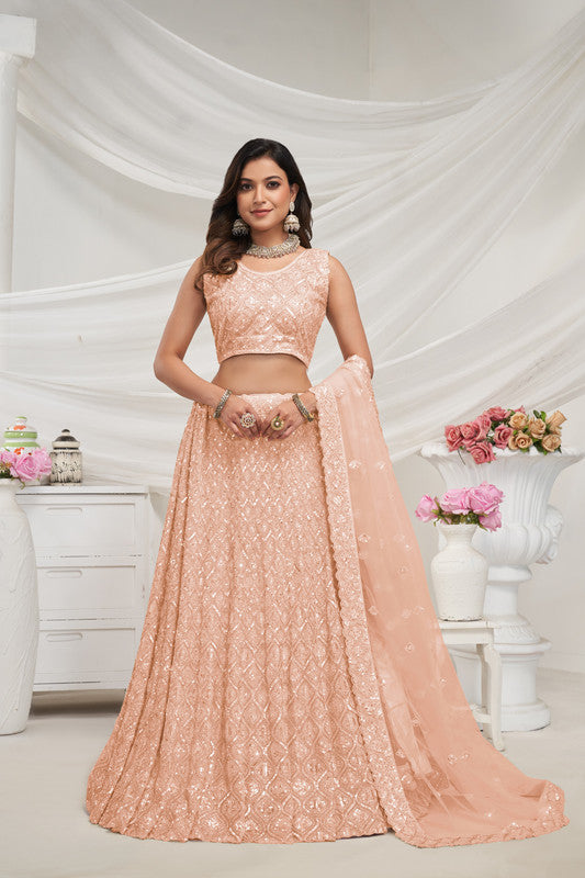 Peach Coloured with Embroidered with Illuminating Sequin work Threaded into Diamond Patterns Women Ethnic Party wear Lehenga Choli with Dupatta!!