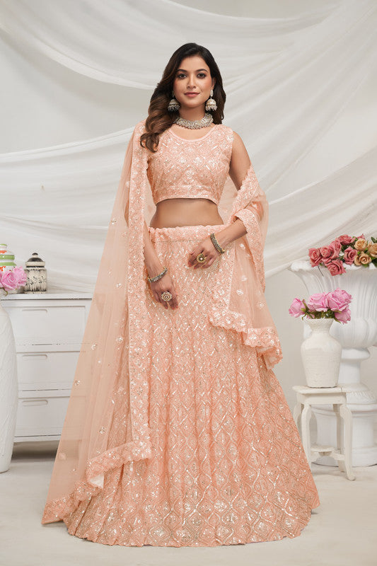 Peach Coloured with Embroidered with Illuminating Sequin work Threaded into Diamond Patterns Women Ethnic Party wear Lehenga Choli with Dupatta!!