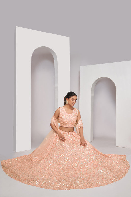 Peach Coloured with Embroidered with Illuminating Sequin work Threaded into Diamond Patterns Women Ethnic Party wear Lehenga Choli with Dupatta!!