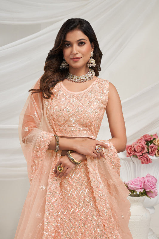 Peach Coloured with Embroidered with Illuminating Sequin work Threaded into Diamond Patterns Women Ethnic Party wear Lehenga Choli with Dupatta!!