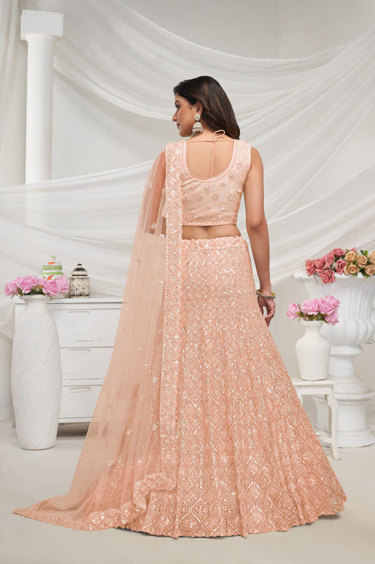 Peach Coloured with Embroidered with Illuminating Sequin work Threaded into Diamond Patterns Women Ethnic Party wear Lehenga Choli with Dupatta!!