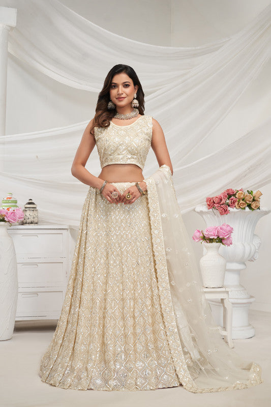 Ivory Coloured with Embroidered with Illuminating Sequin work Threaded into Diamond Patterns Women Ethnic Party wear Lehenga Choli with Dupatta!!