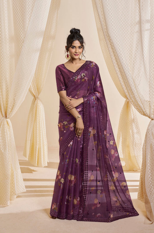 Wine Coloured with Beautiful Sequence & Stone Work Women Designer Party wear Premium Satin Saree with Silk Blend Matching Blouse!!