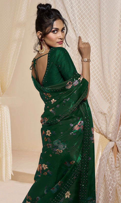 Bottle Green Coloured with Beautiful Sequence & Stone Work Women Designer Party wear Premium Satin Saree with Silk Blend Matching Blouse!!