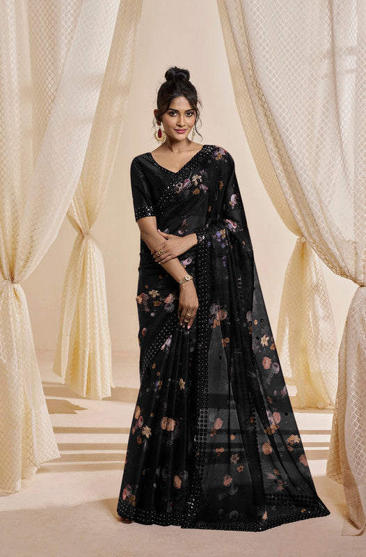 Black Coloured with Beautiful Sequence & Stone Work Women Designer Party wear Premium Satin Saree with Silk Blend Matching Blouse!!
