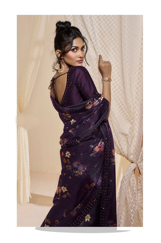 Purple Coloured with Beautiful Sequence & Stone Work Women Designer Party wear Premium Satin Saree with Silk Blend Matching Blouse!!