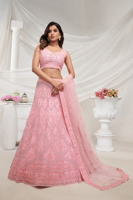 Pink Coloured with Geometric Pattern Adorned with Rhinestones, Zari & Sequins Work Women Ethnic Party wear Lehenga Choli with Dupatta!!