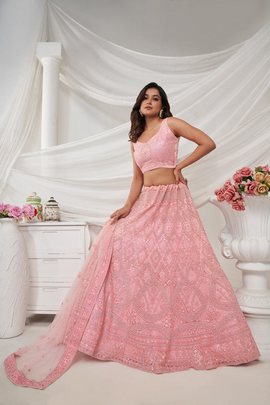 Pink Coloured with Geometric Pattern Adorned with Rhinestones, Zari & Sequins Work Women Ethnic Party wear Lehenga Choli with Dupatta!!