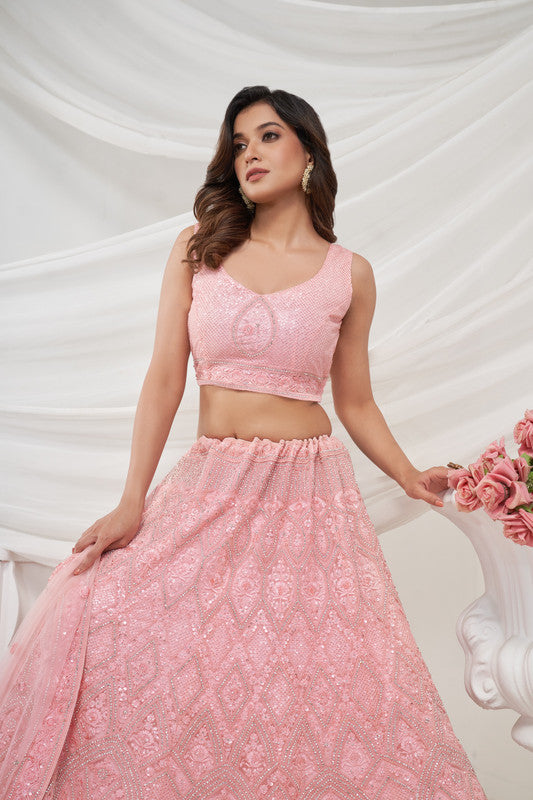 Pink Coloured with Geometric Pattern Adorned with Rhinestones, Zari & Sequins Work Women Ethnic Party wear Lehenga Choli with Dupatta!!