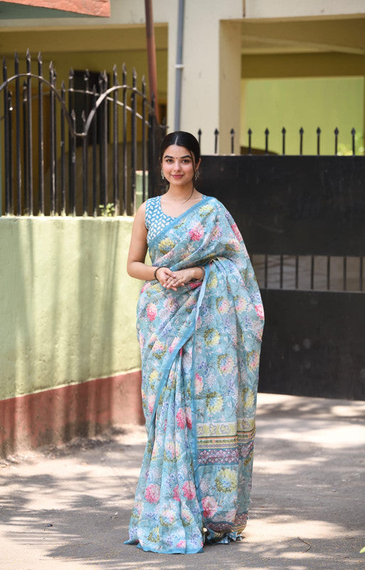 Sky Blue & Multi Coloured Heavy Linen with Beautiful Digital Print Women Party/Casual wear Cotton Saree with Running Blouse!!