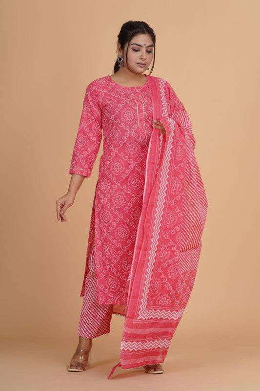 Dark Pink with White Coloured Pure Cotton with Beautiful Hand Print Woman Party/Casual wear Designer Stitched Suit with Salwar & Dupatta!!