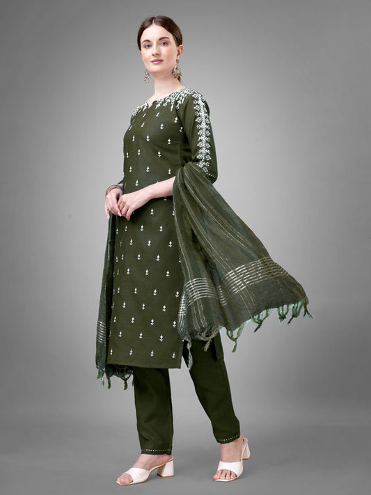 Dark Green Coloured Cotton Blend with Sequence Embroidery work Women Designer Party wear Kurta with Pant & Silk Blend Dupatta!!