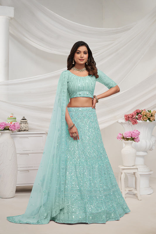 Sky Blue Coloured with Adorned with Diamond Patterns Embodded with Sequins white pearl work Women Ethnic Party wear Lehenga Choli with Dupatta!!