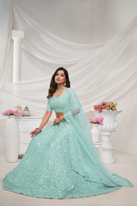 Sky Blue Coloured with Adorned with Diamond Patterns Embodded with Sequins white pearl work Women Ethnic Party wear Lehenga Choli with Dupatta!!