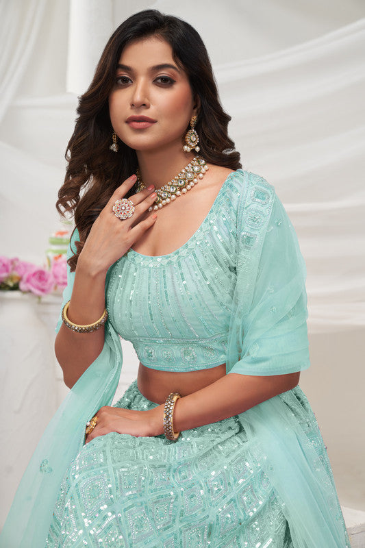 Sky Blue Coloured with Adorned with Diamond Patterns Embodded with Sequins white pearl work Women Ethnic Party wear Lehenga Choli with Dupatta!!