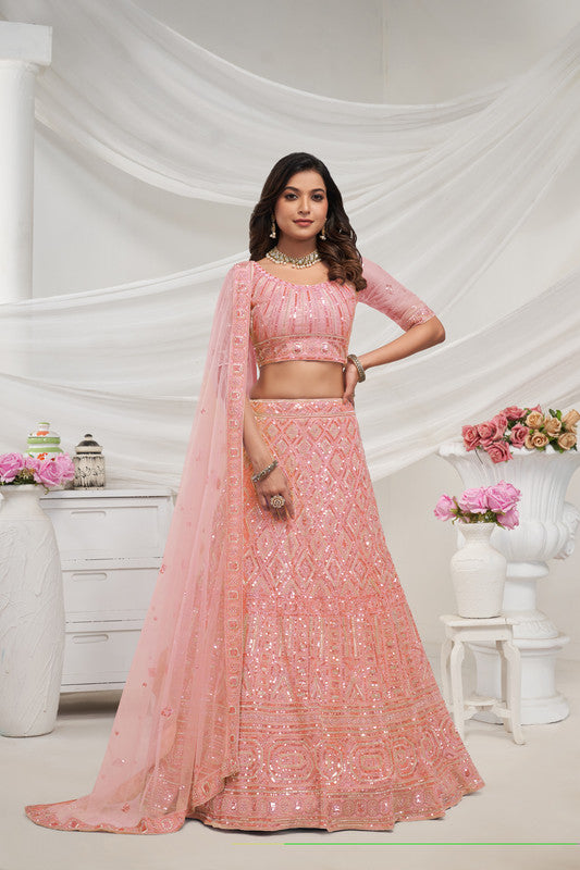 Peach Coloured with Adorned with Diamond Patterns Embodded with Sequins white pearl work Women Ethnic Party wear Lehenga Choli with Dupatta!!