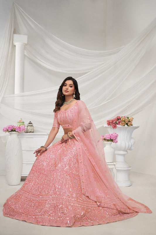 Peach Coloured with Adorned with Diamond Patterns Embodded with Sequins white pearl work Women Ethnic Party wear Lehenga Choli with Dupatta!!